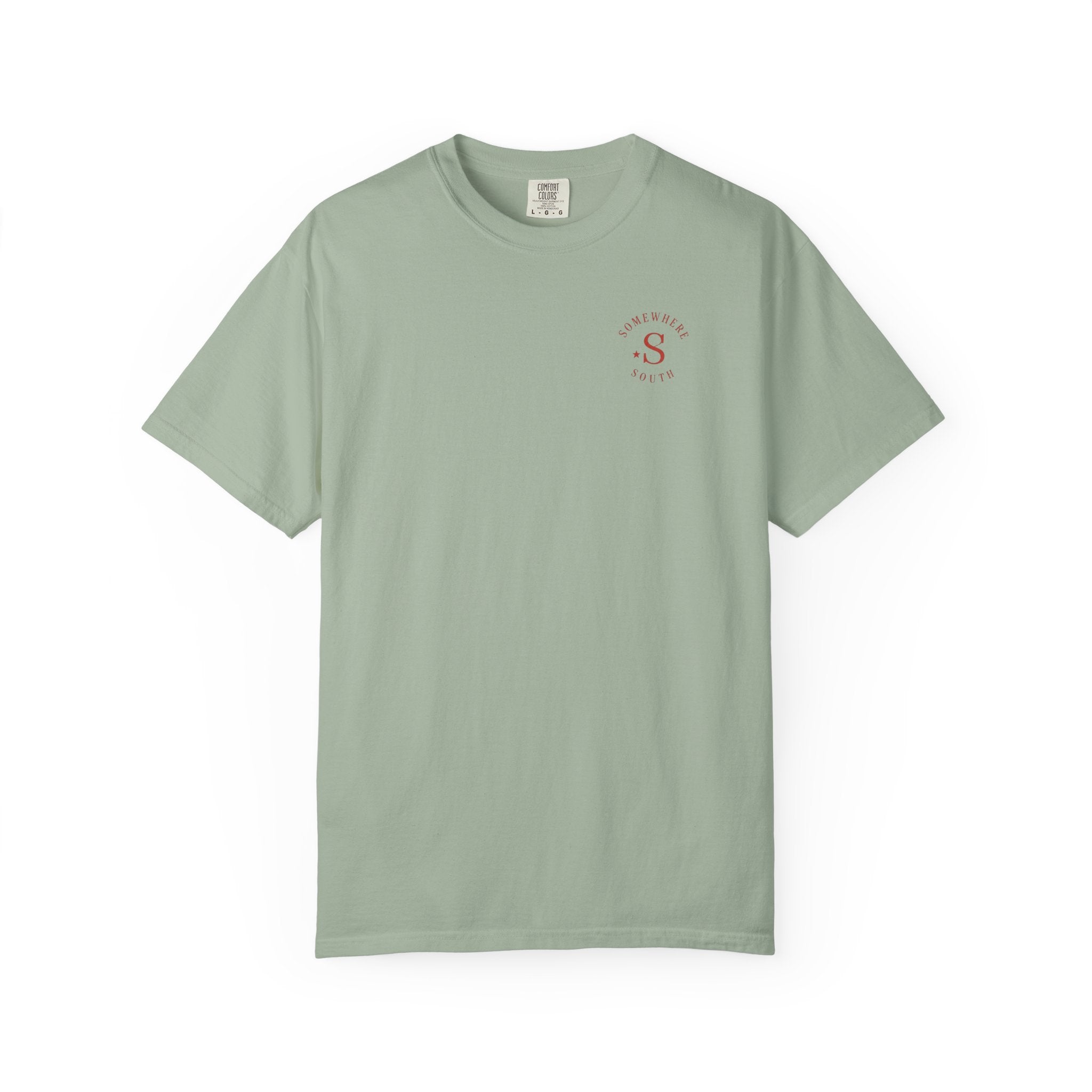 Somewhere South Lake Scene T‑Shirt — American Flag Sunset Graphic Tee