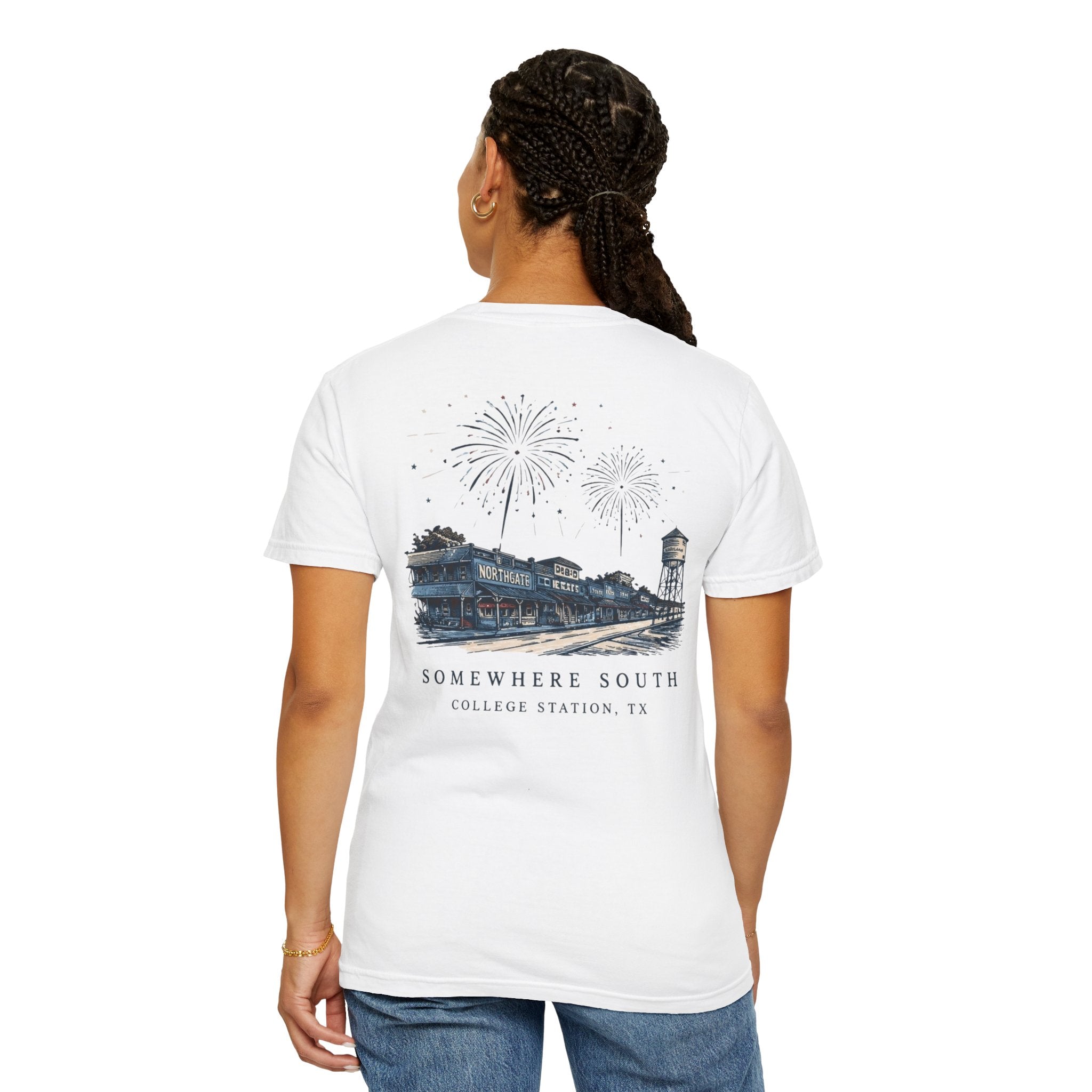 Somewhere South College Station T-Shirt — Scenic Fireworks Comfort Tee
