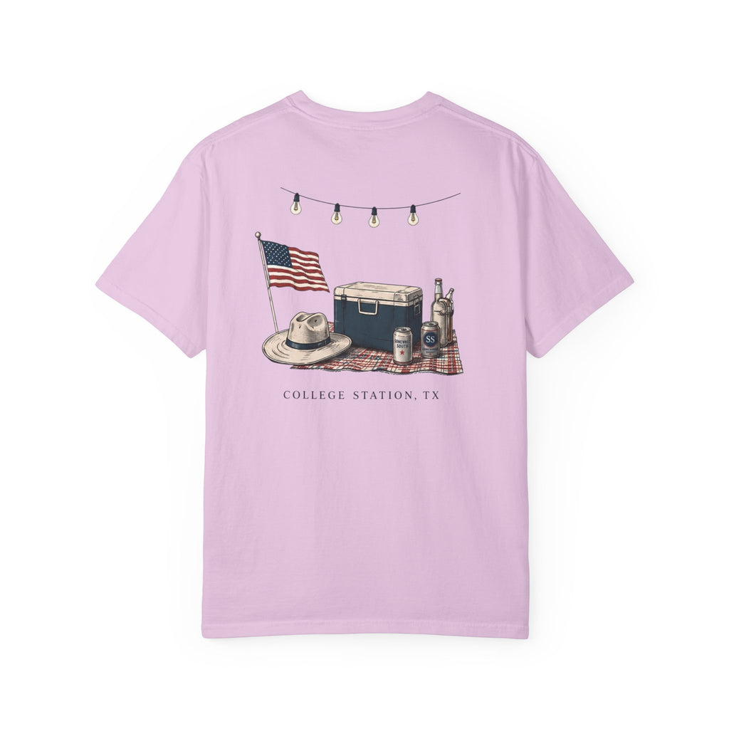 Patriotic Tailgate T-Shirt — "Good Times, Cold Drinks" College Station Graphic
