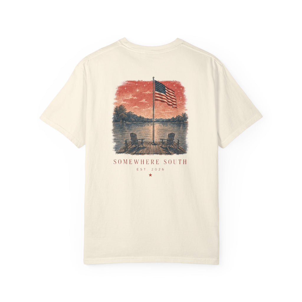 Somewhere South Lake Scene T‑Shirt — American Flag Sunset Graphic Tee