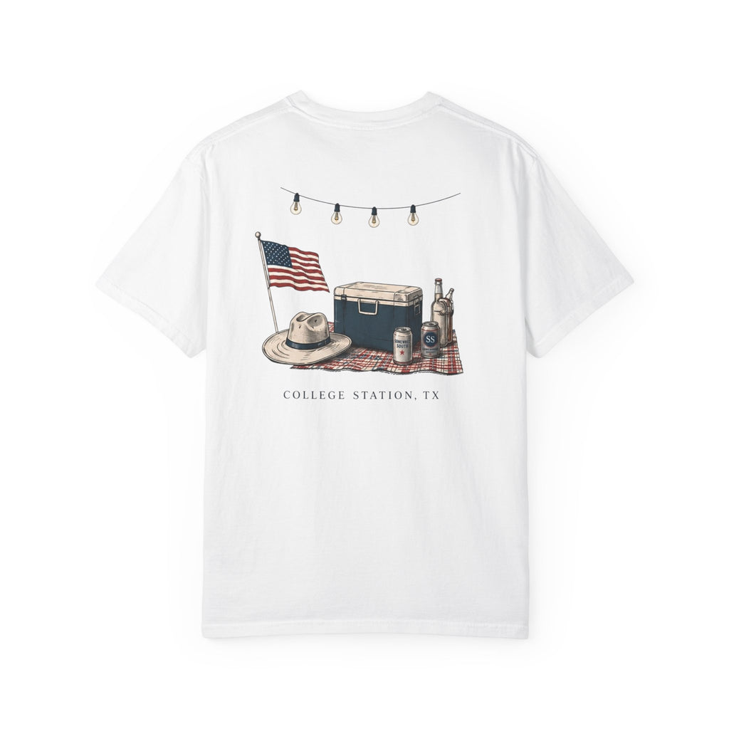 Patriotic Tailgate T-Shirt — "Good Times, Cold Drinks" College Station Graphic