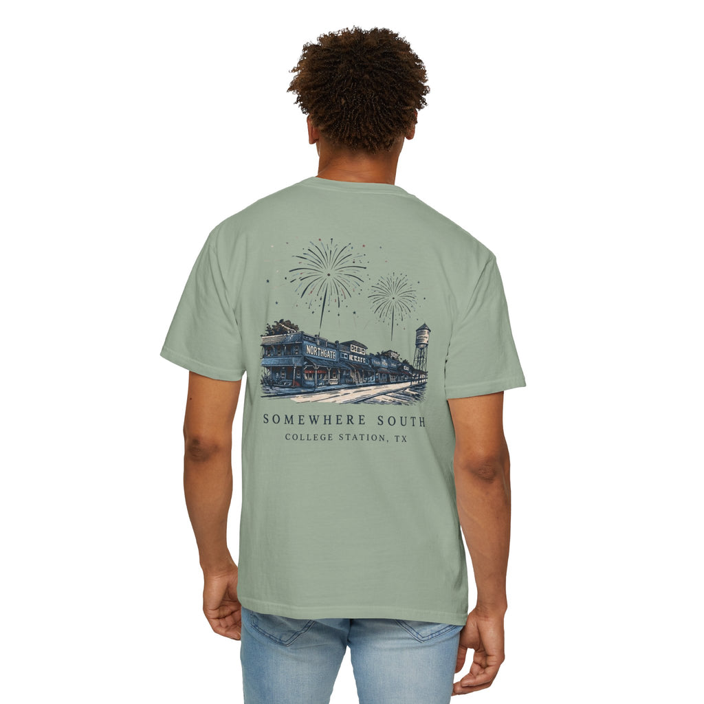 Somewhere South College Station T-Shirt — Scenic Fireworks Comfort Tee