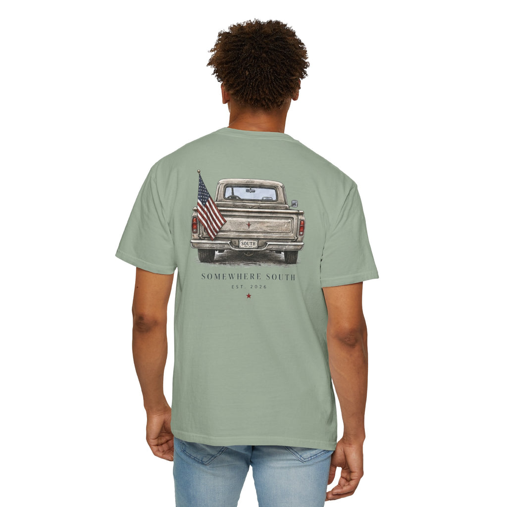 Somewhere South Truck T-Shirt — Vintage American Flag Pickup Tee