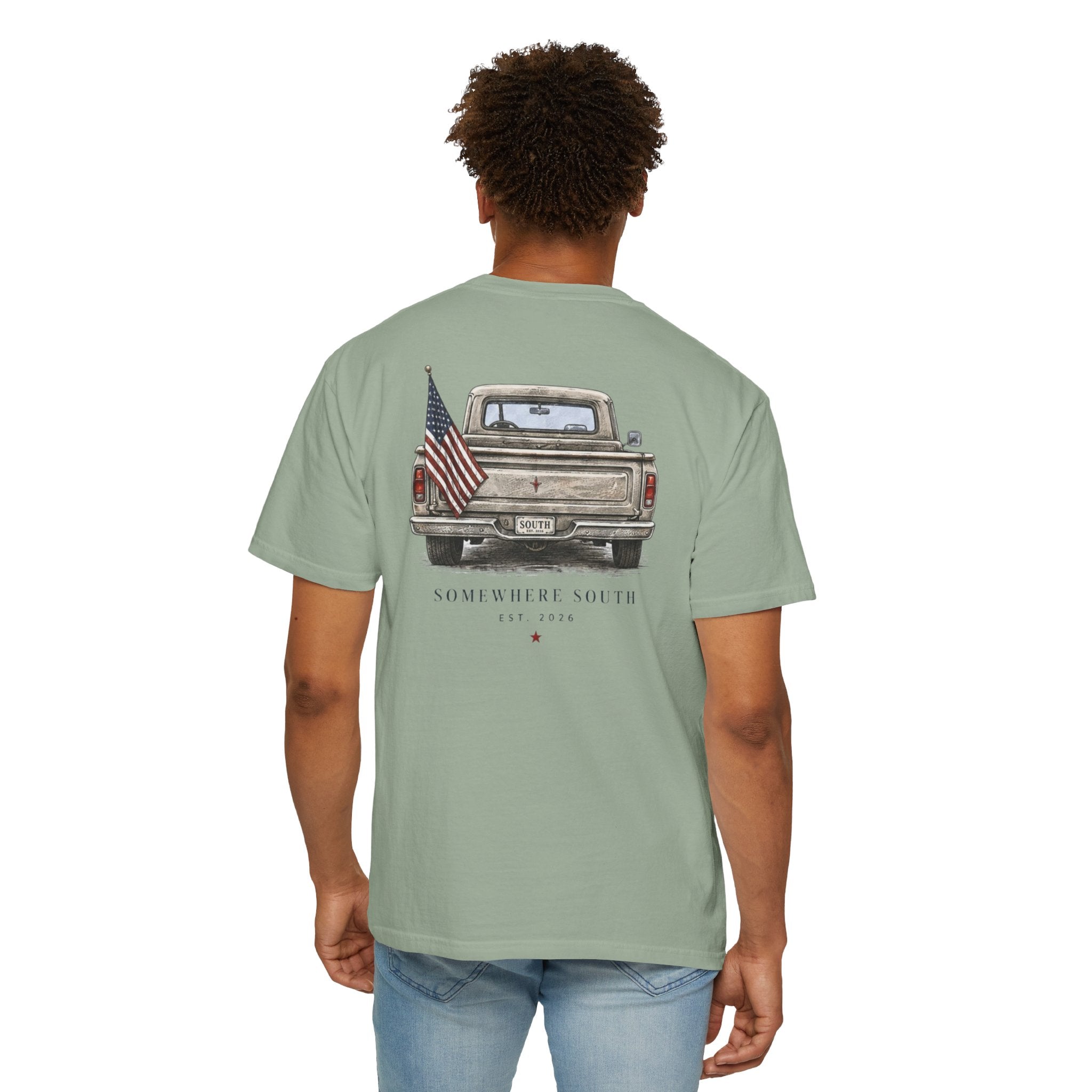 Somewhere South Truck T-Shirt — Vintage American Flag Pickup Tee