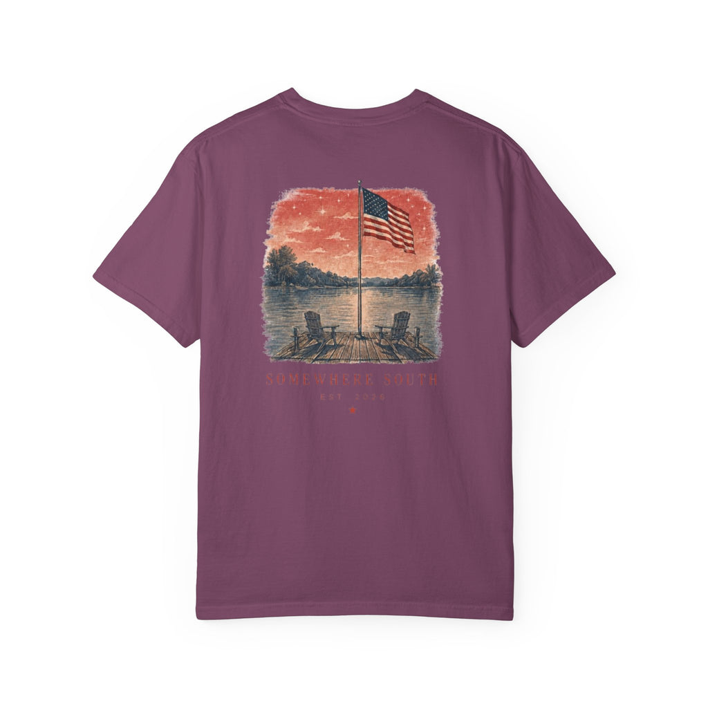 Somewhere South Lake Scene T‑Shirt — American Flag Sunset Graphic Tee