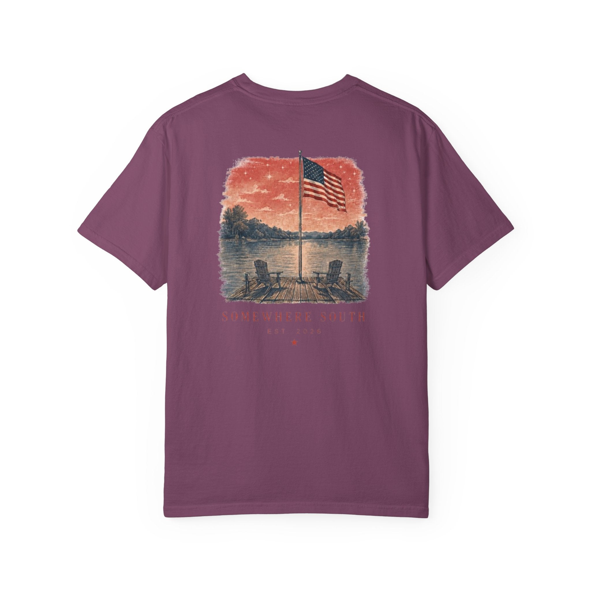 Somewhere South Lake Scene T‑Shirt — American Flag Sunset Graphic Tee