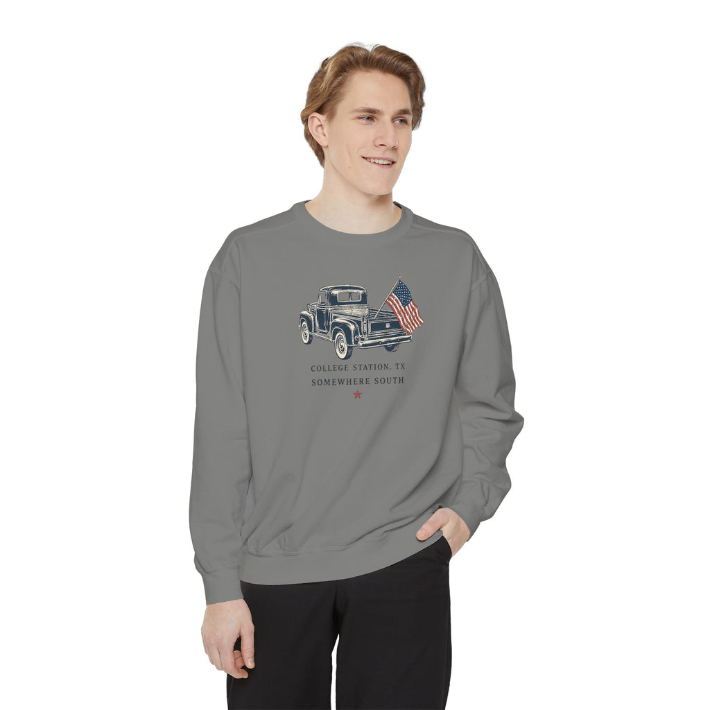 Vintage Truck Sweatshirt — College Station, TX with American Flag
