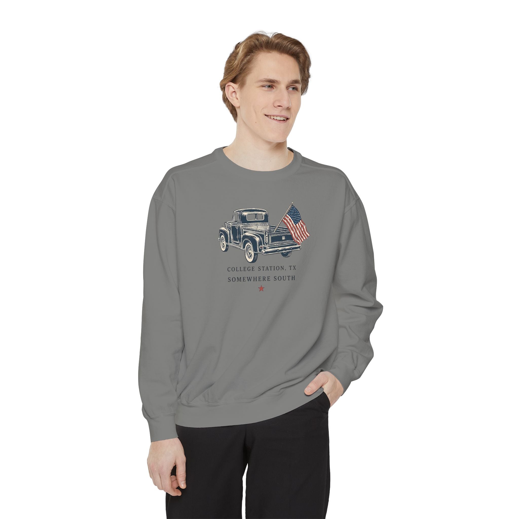 Vintage Truck Sweatshirt — College Station, TX with American Flag