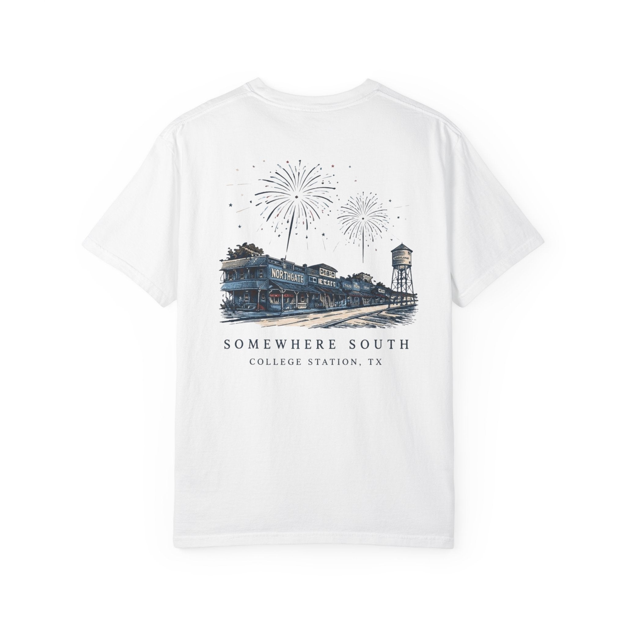 Somewhere South College Station T-Shirt — Scenic Fireworks Comfort Tee