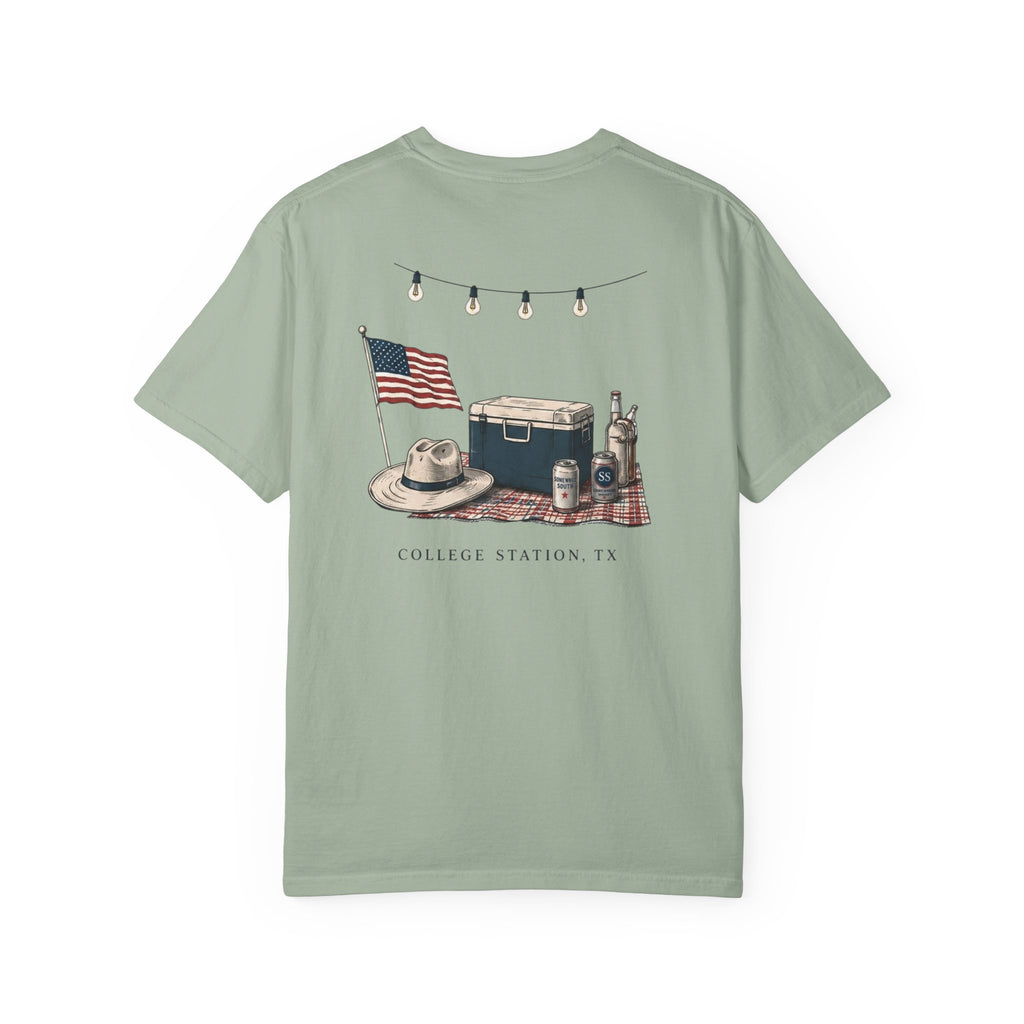 Patriotic Tailgate T-Shirt — "Good Times, Cold Drinks" College Station Graphic