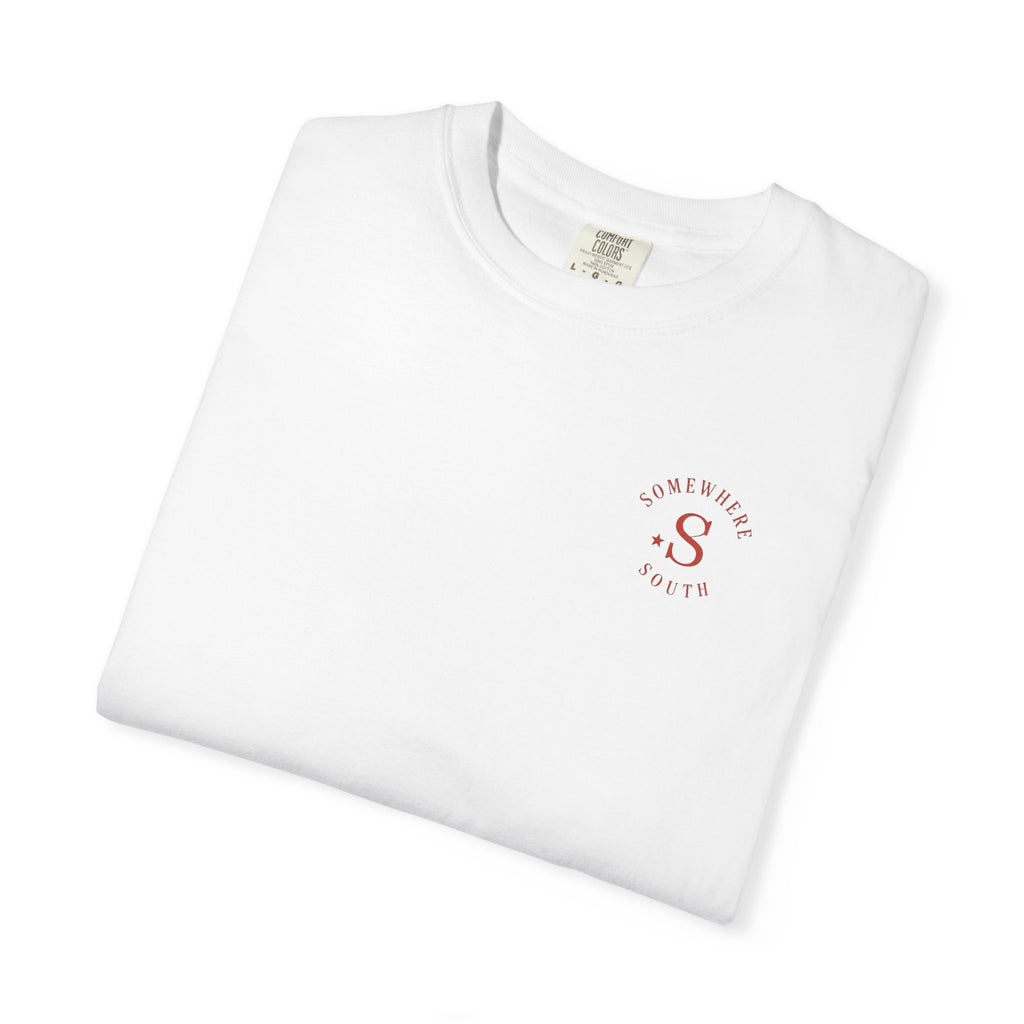 Somewhere South Lake Scene T‑Shirt — American Flag Sunset Graphic Tee