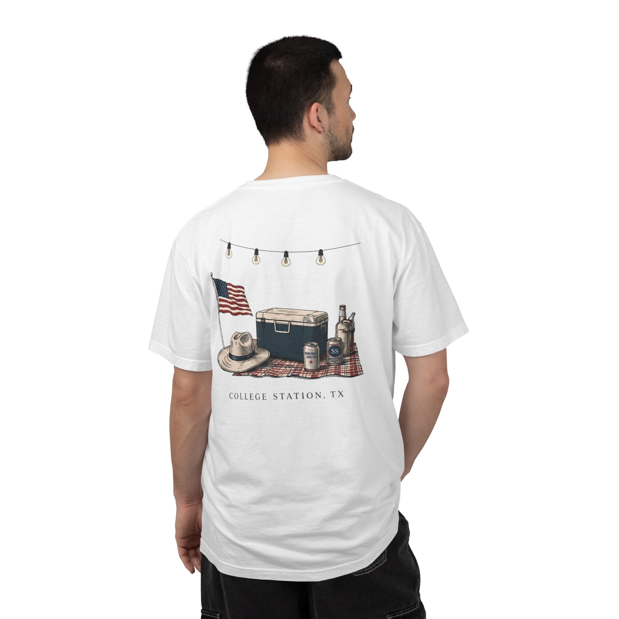 Patriotic Tailgate T-Shirt — "Good Times, Cold Drinks" College Station Graphic