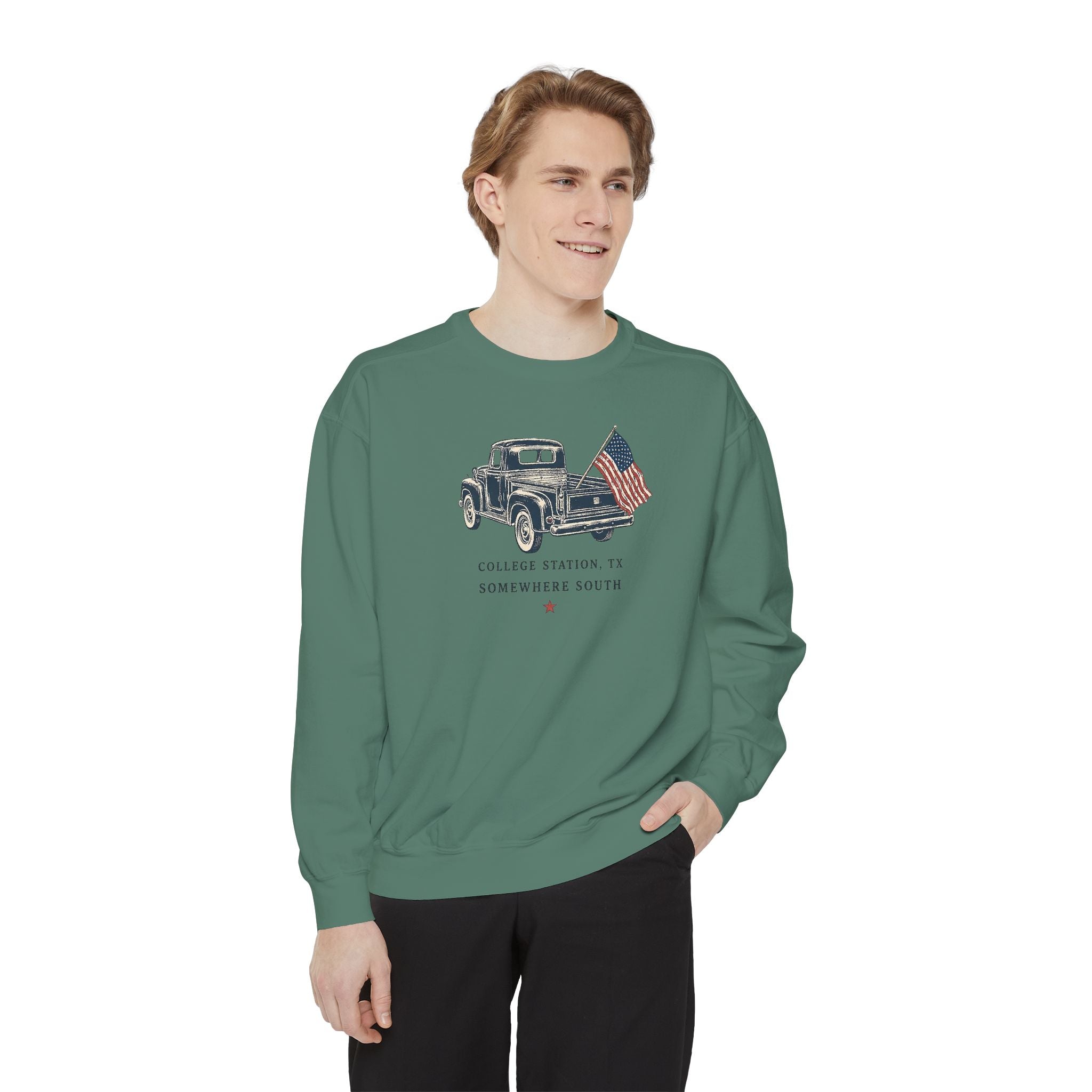Vintage Truck Sweatshirt — College Station, TX with American Flag