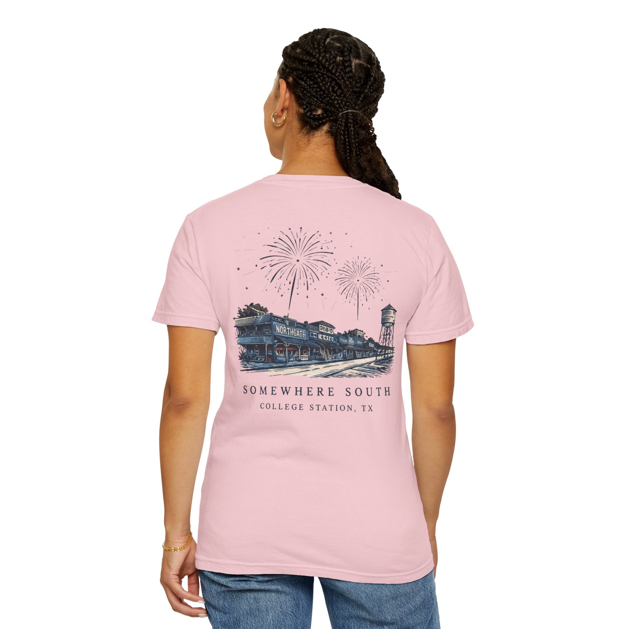 Somewhere South College Station T-Shirt — Scenic Fireworks Comfort Tee