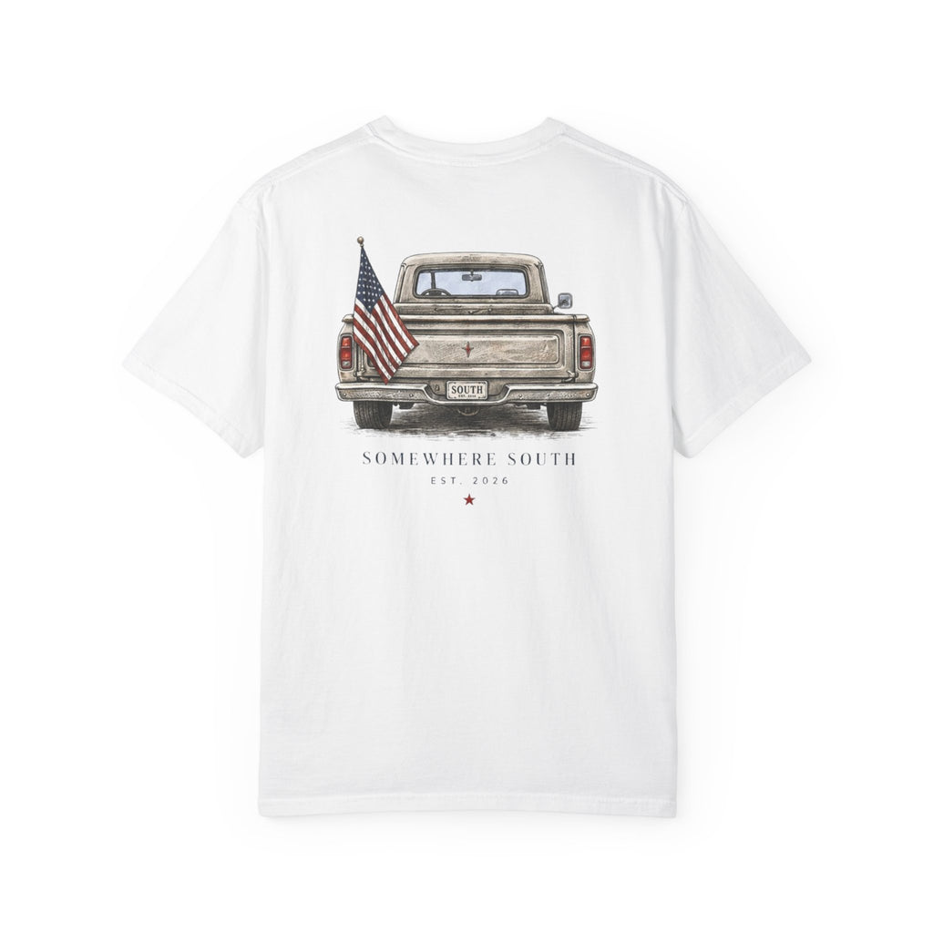 Somewhere South Truck T-Shirt — Vintage American Flag Pickup Tee