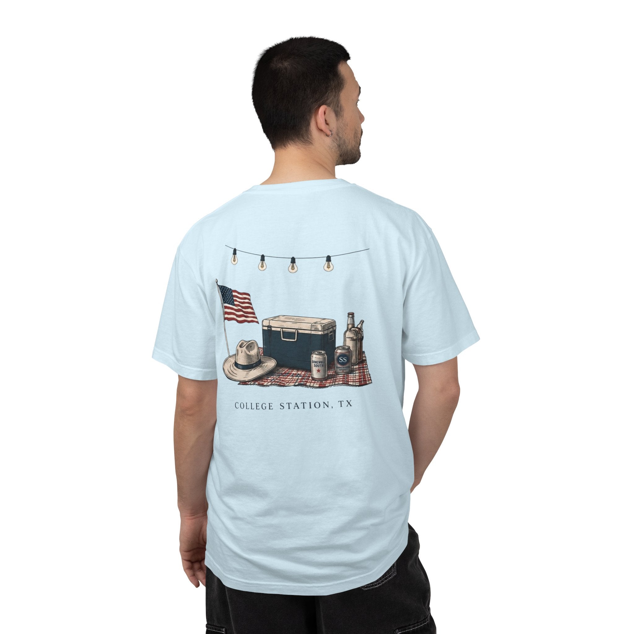Patriotic Tailgate T-Shirt — "Good Times, Cold Drinks" College Station Graphic