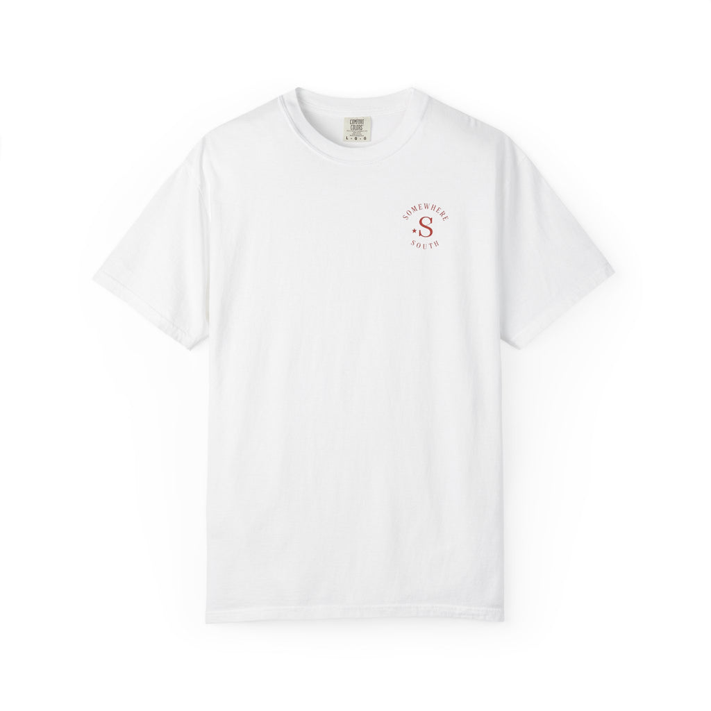 Somewhere South Lake Scene T‑Shirt — American Flag Sunset Graphic Tee