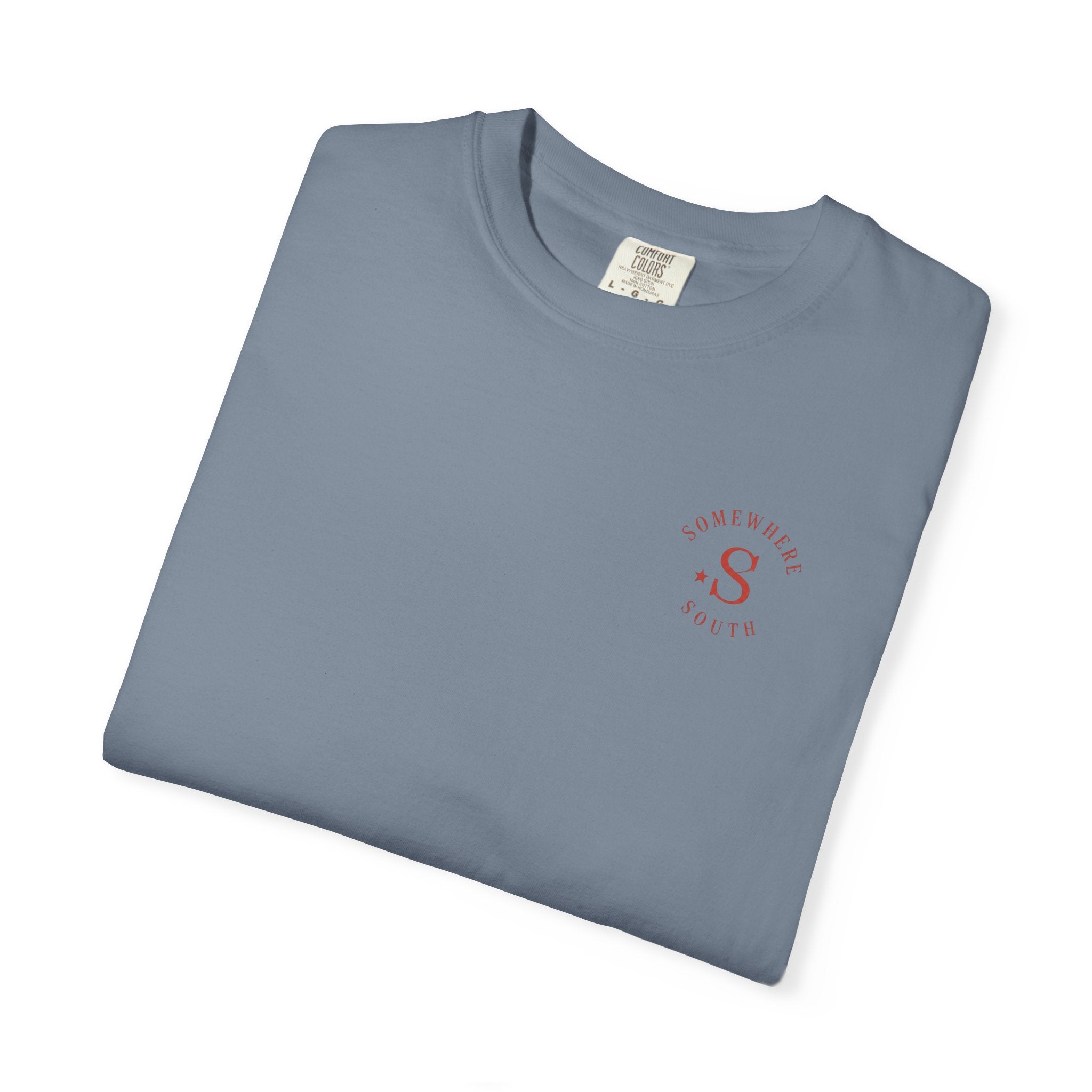 Somewhere South Lake Scene T‑Shirt — American Flag Sunset Graphic Tee