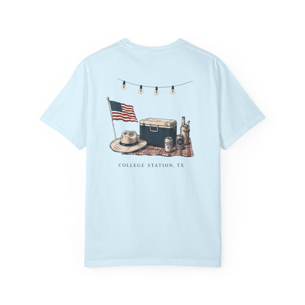 Patriotic Tailgate T-Shirt — "Good Times, Cold Drinks" College Station Graphic