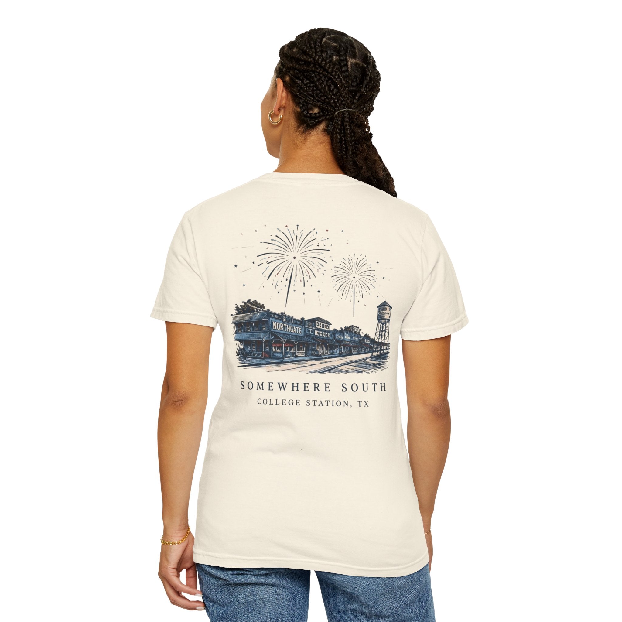 Somewhere South College Station T-Shirt — Scenic Fireworks Comfort Tee