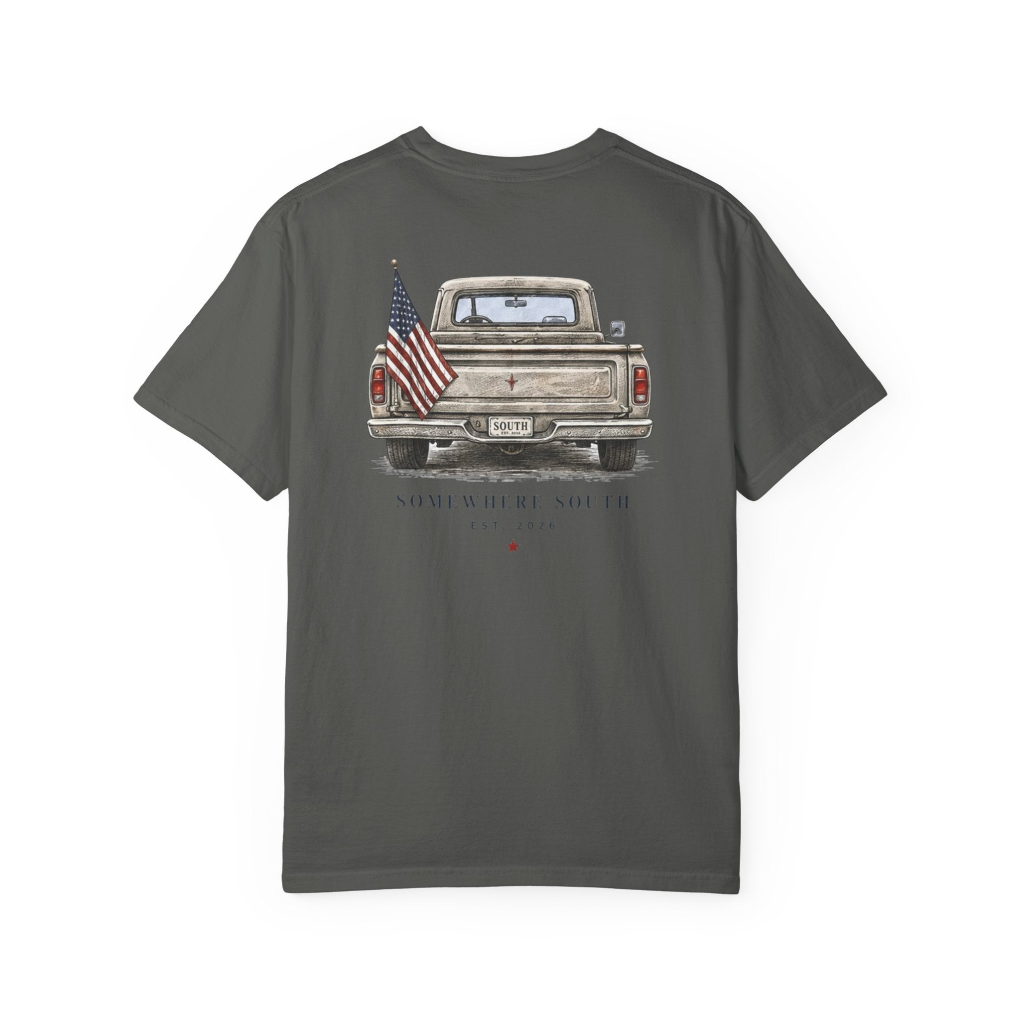 Somewhere South Truck T-Shirt — Vintage American Flag Pickup Tee