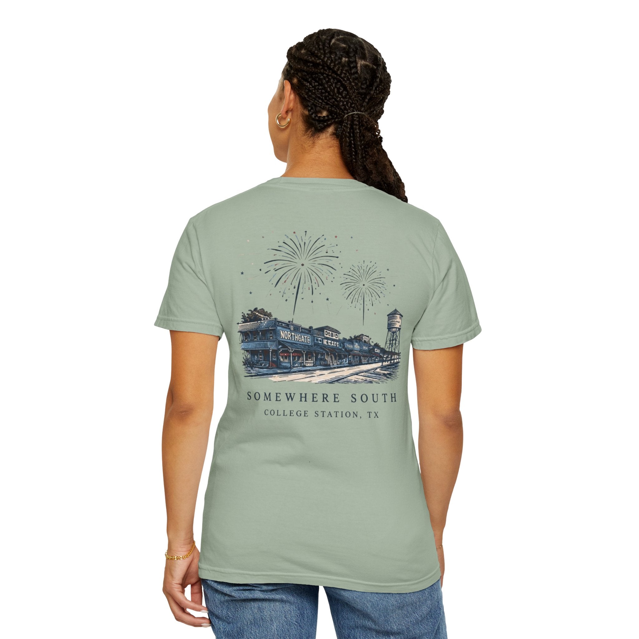 Somewhere South College Station T-Shirt — Scenic Fireworks Comfort Tee
