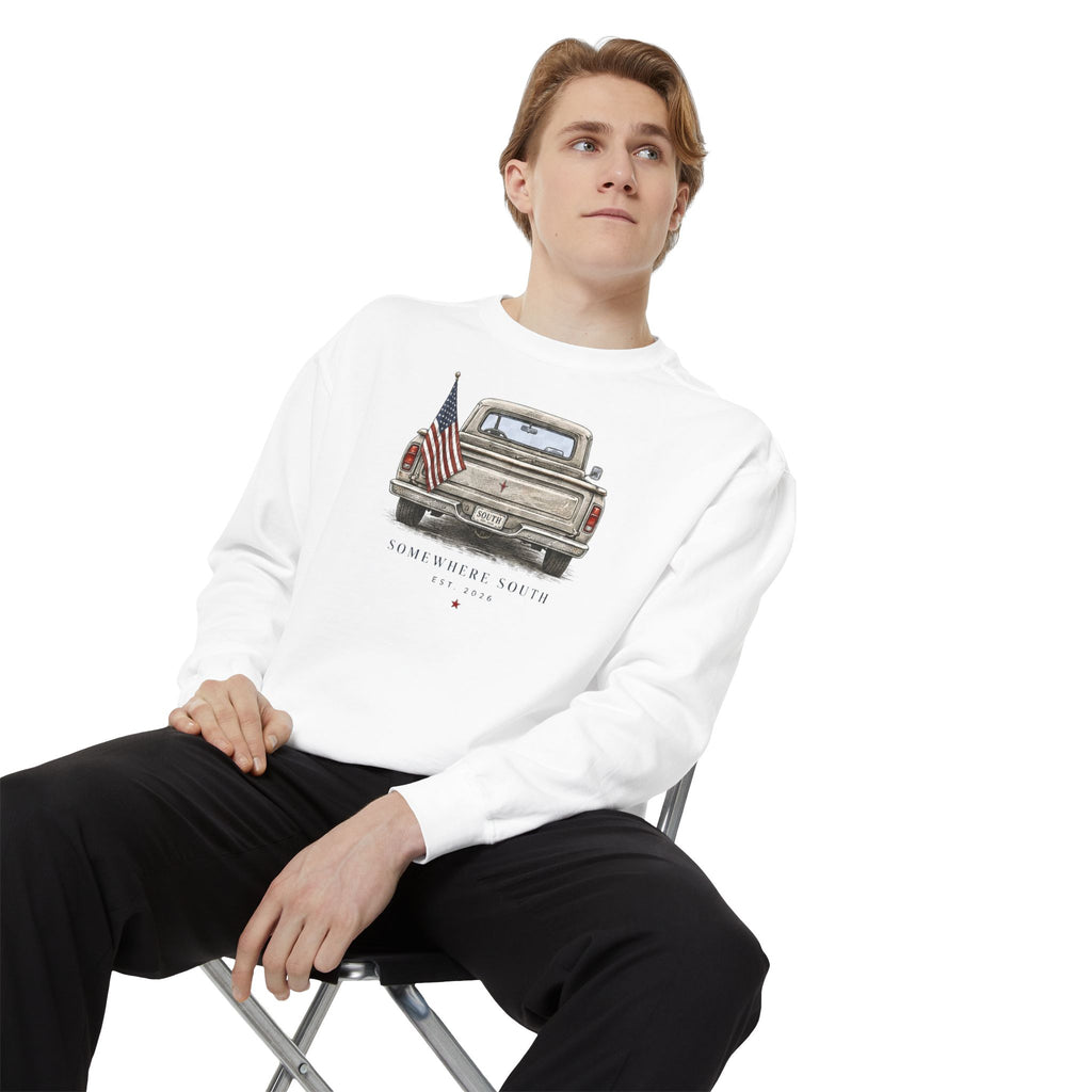 Vintage Pickup Truck Sweatshirt – 'Somewhere South' American Flag Crewneck