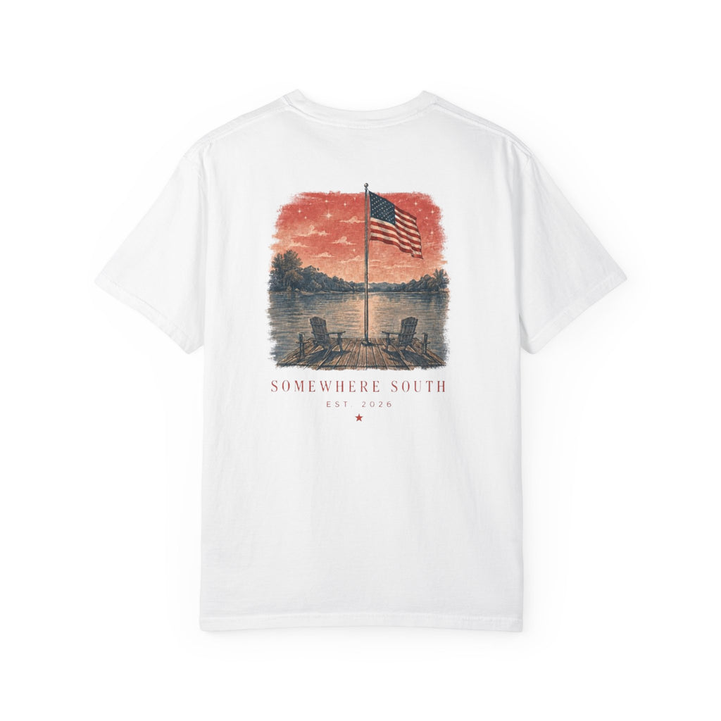 Somewhere South Lake Scene T‑Shirt — American Flag Sunset Graphic Tee