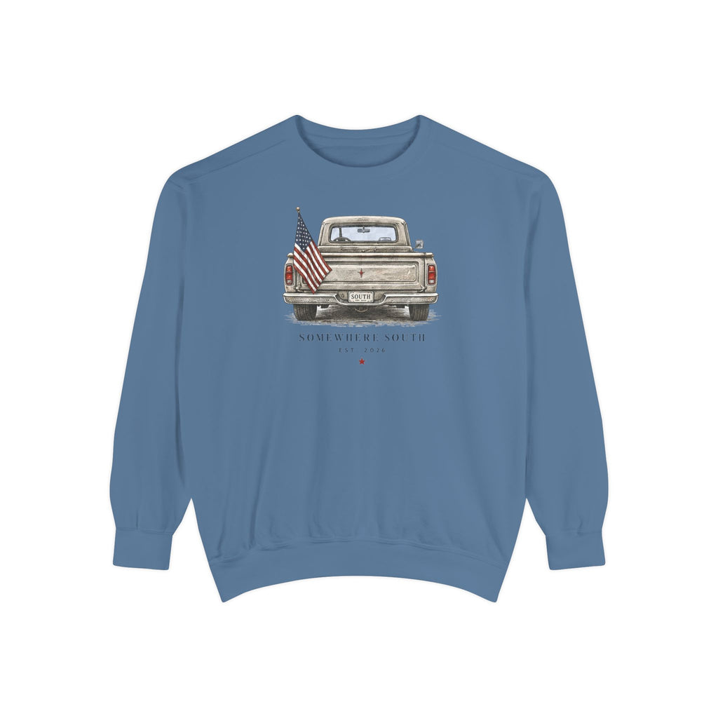 Vintage Pickup Truck Sweatshirt – 'Somewhere South' American Flag Crewneck