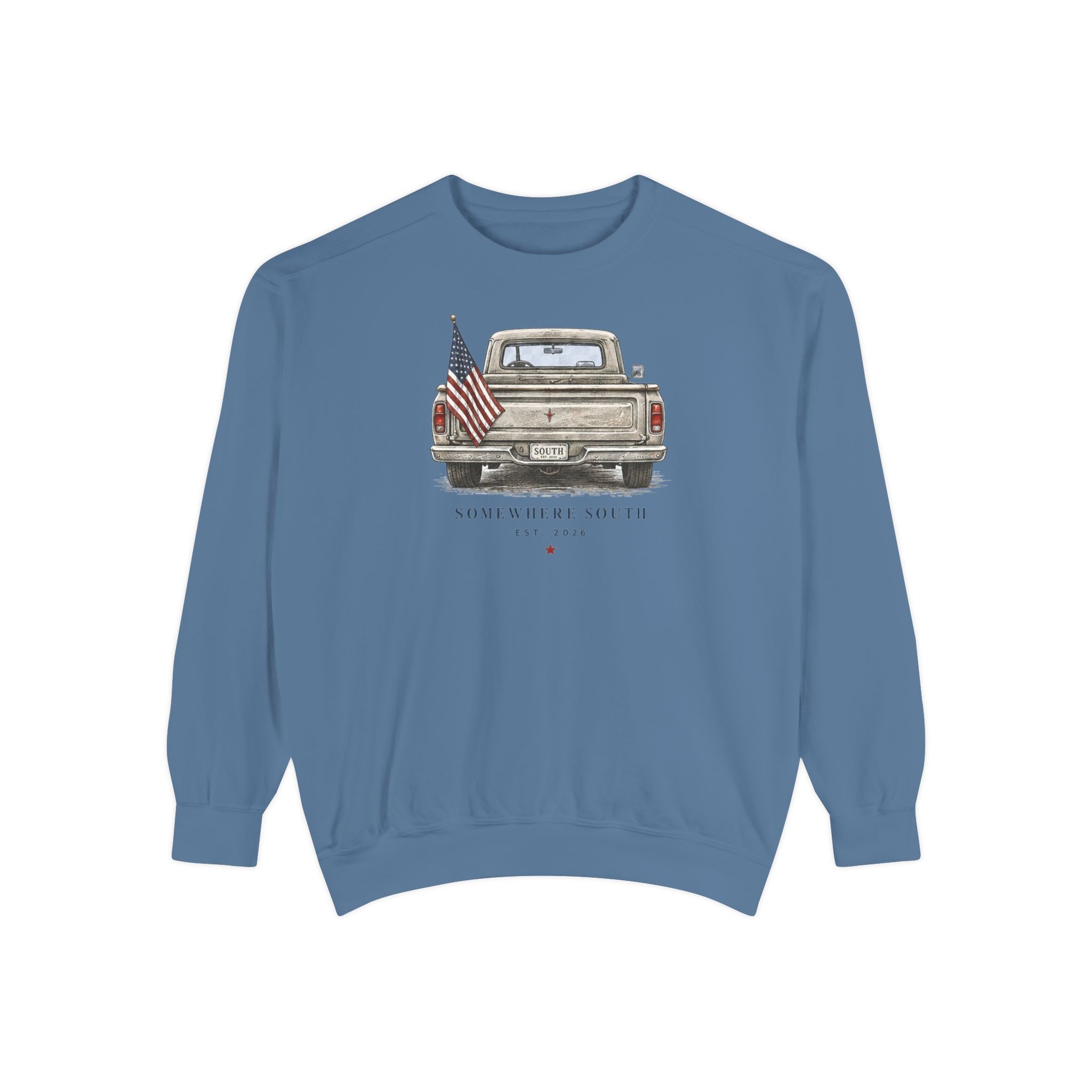 Vintage Pickup Truck Sweatshirt – 'Somewhere South' American Flag Crewneck