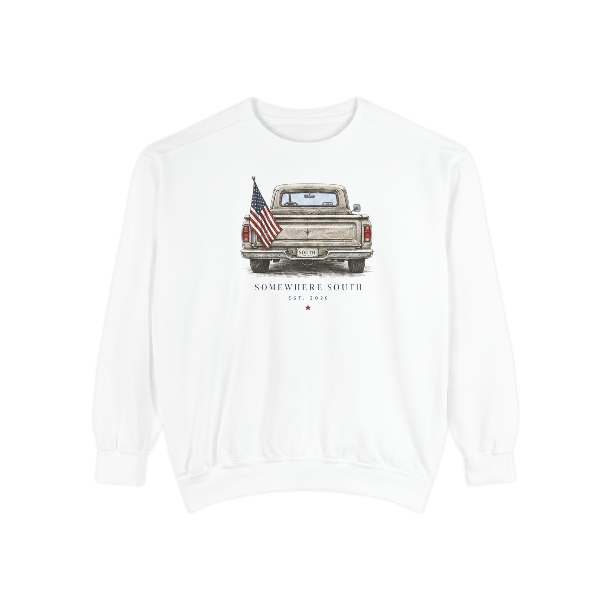 Vintage Pickup Truck Sweatshirt – 'Somewhere South' American Flag Crewneck