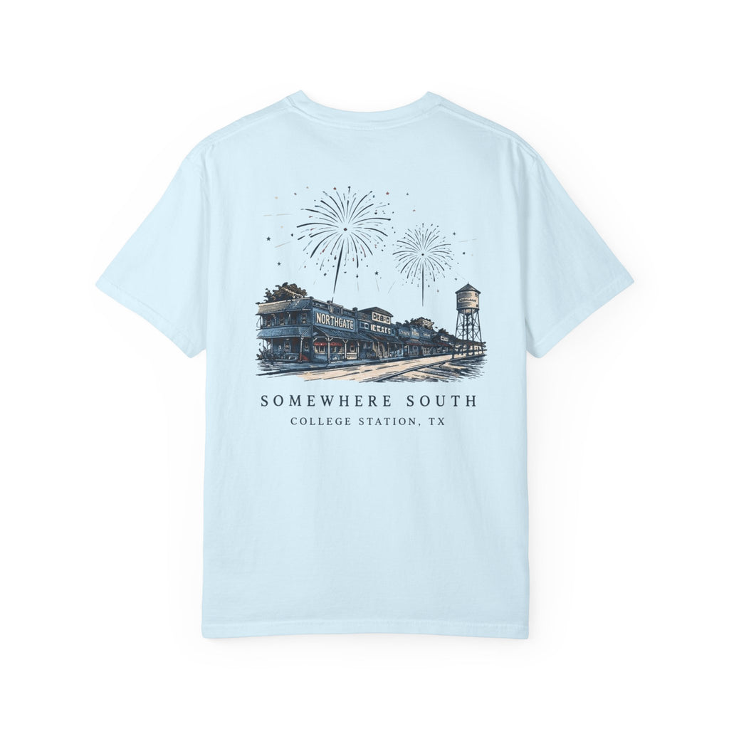Somewhere South College Station T-Shirt — Scenic Fireworks Comfort Tee