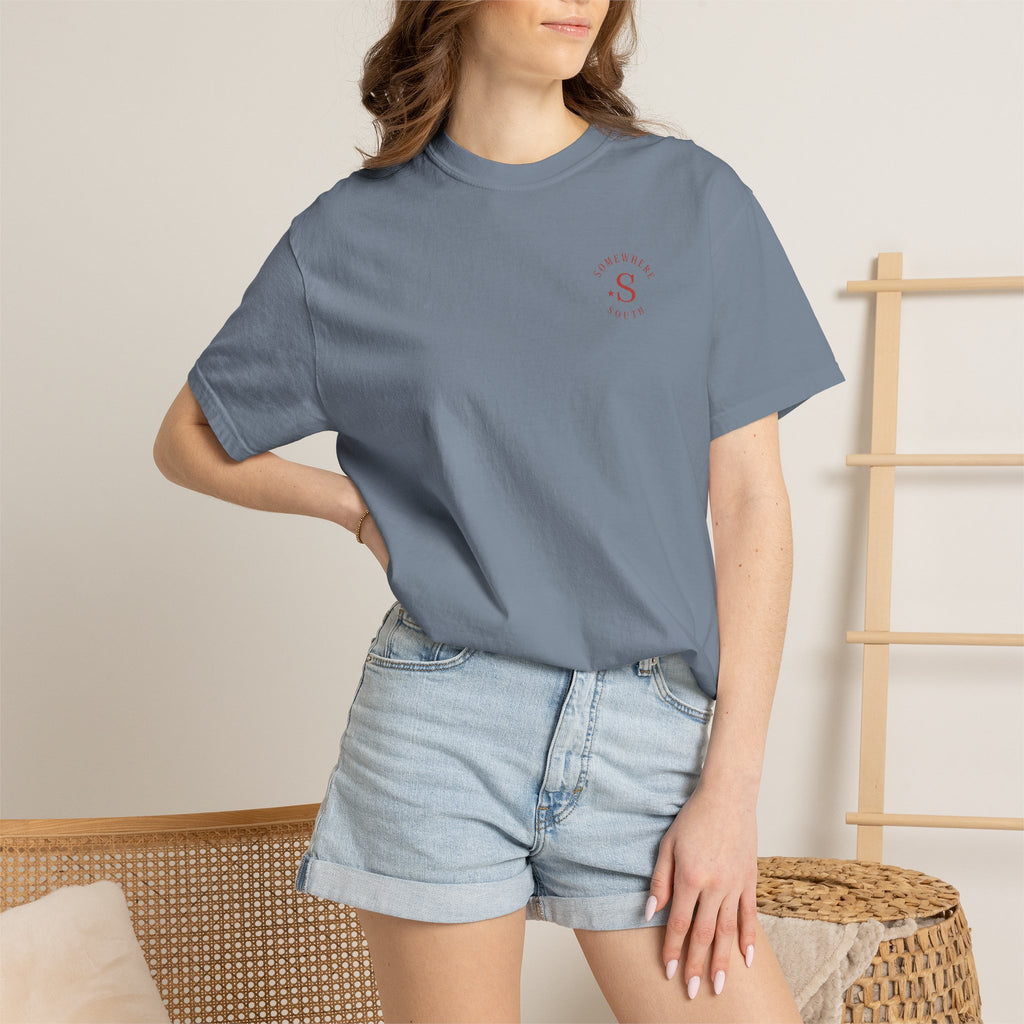 Somewhere South Lake Scene T‑Shirt — American Flag Sunset Graphic Tee