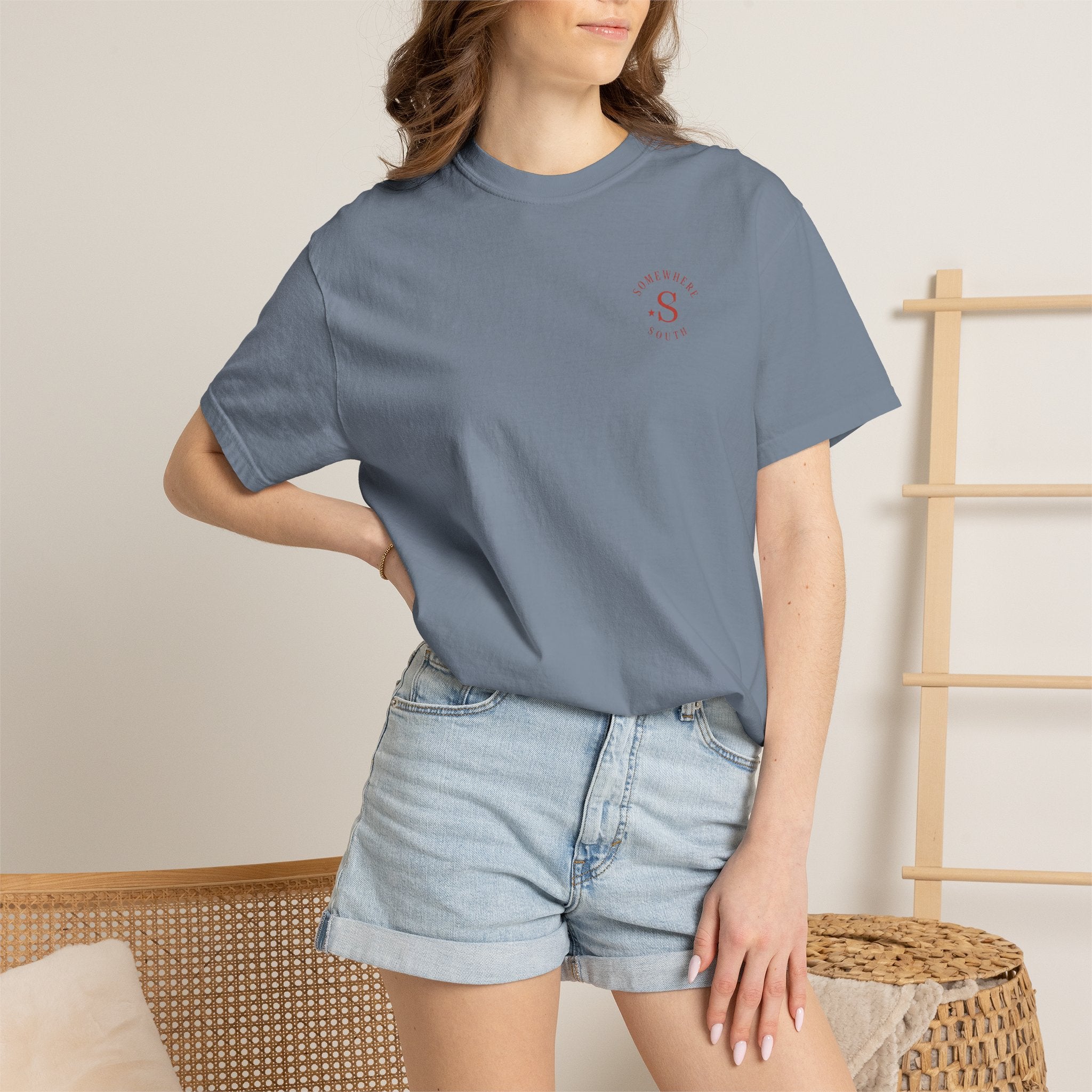 Somewhere South Lake Scene T‑Shirt — American Flag Sunset Graphic Tee
