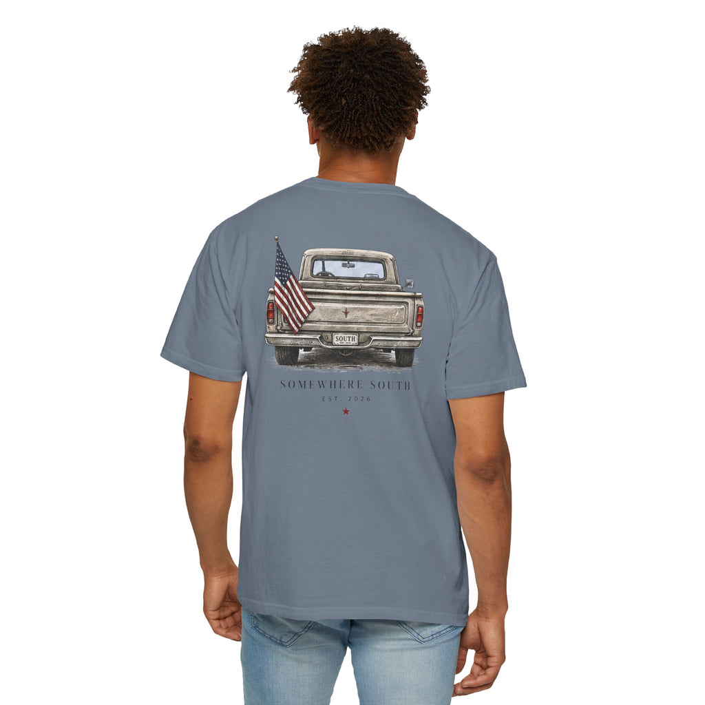 Somewhere South Truck T-Shirt — Vintage American Flag Pickup Tee