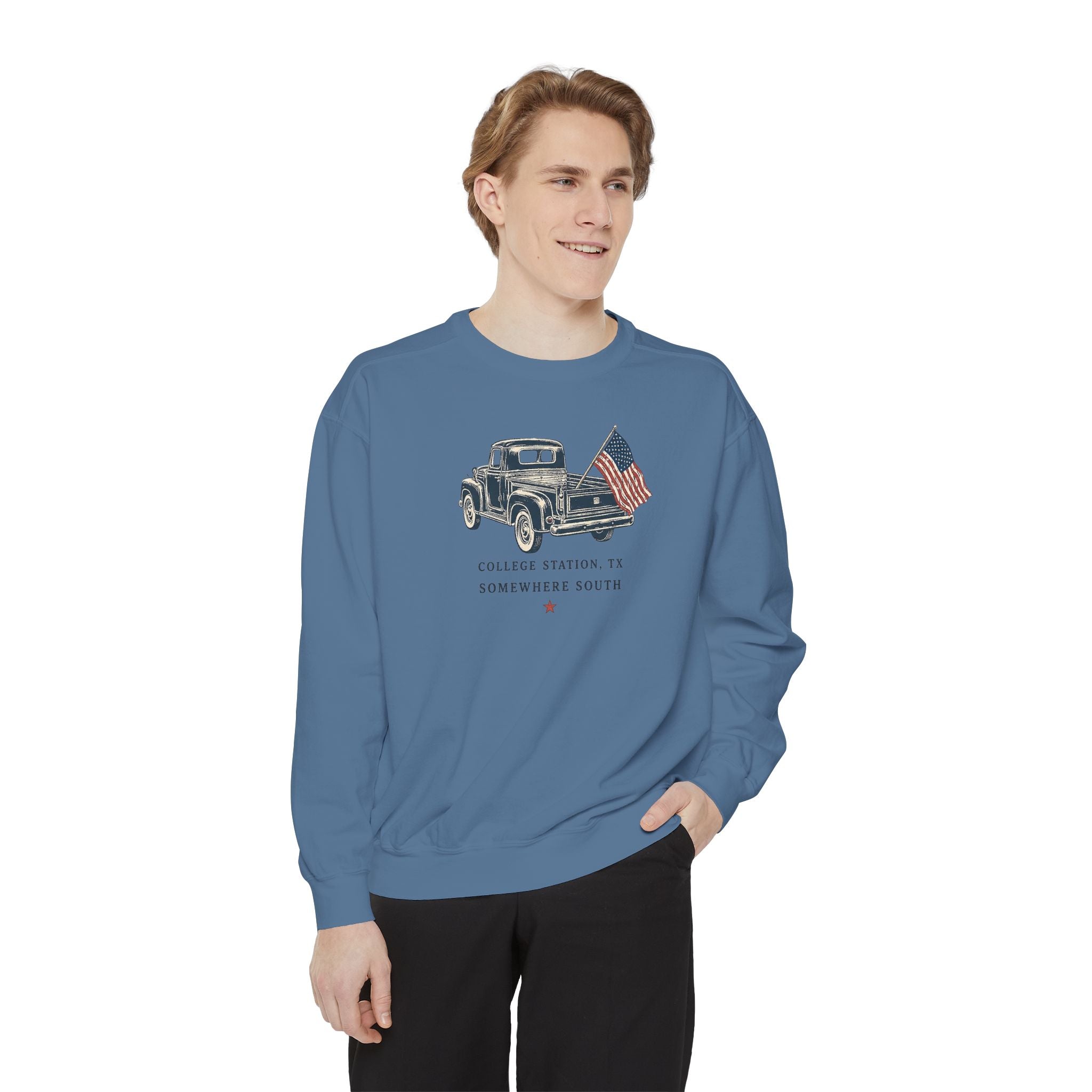 Vintage Truck Sweatshirt — College Station, TX with American Flag