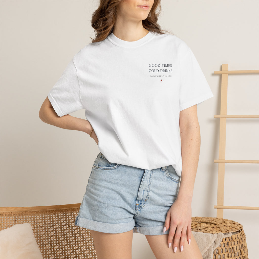 Patriotic Tailgate T-Shirt — "Good Times, Cold Drinks" College Station Graphic