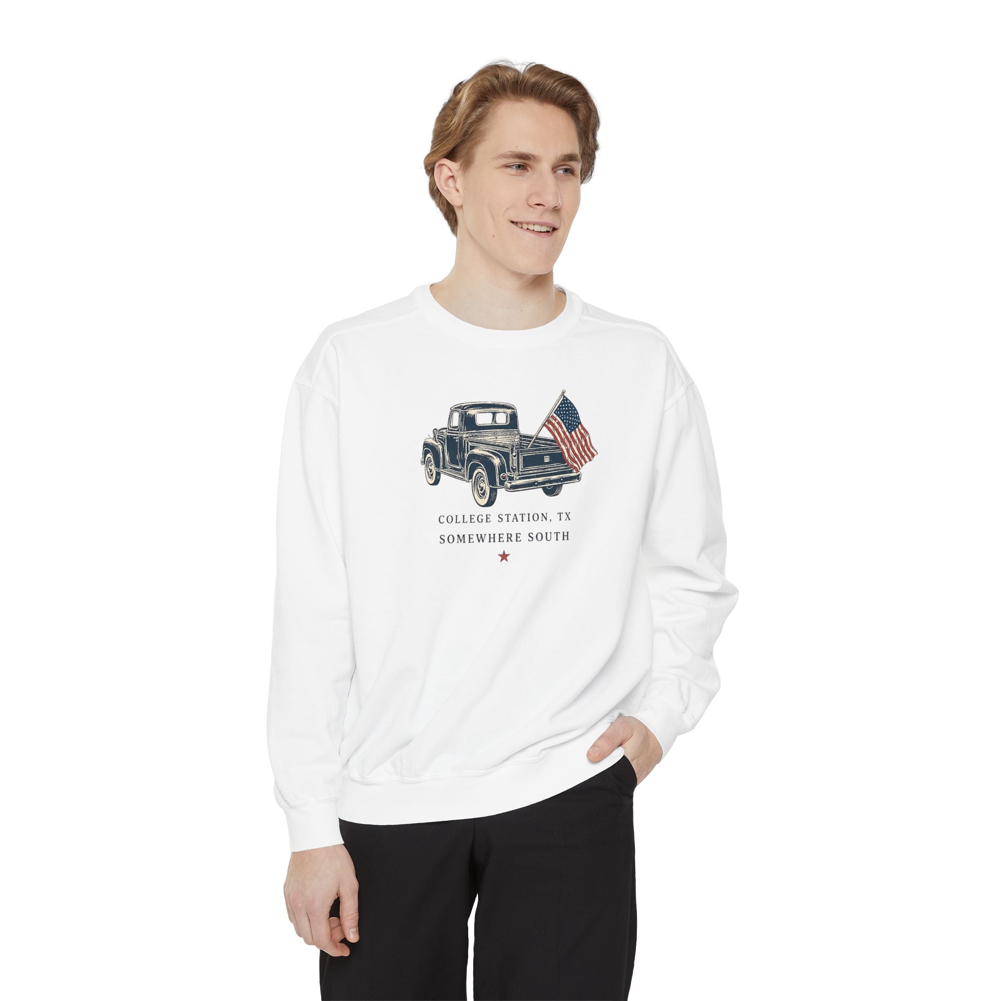 Vintage Truck Sweatshirt — College Station, TX with American Flag