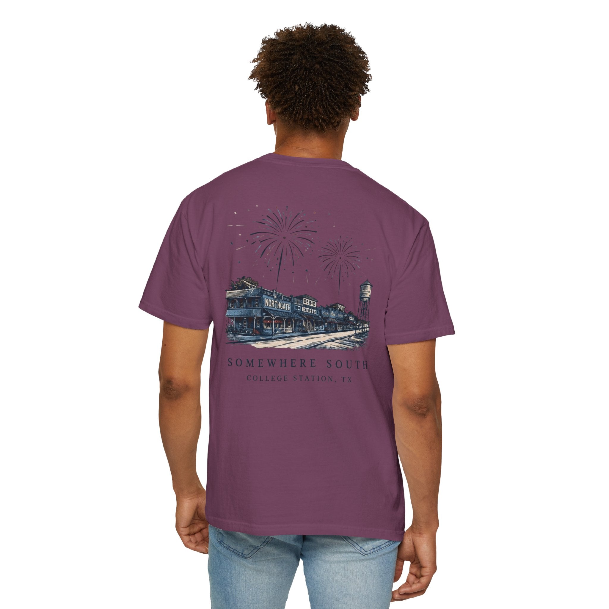 Somewhere South College Station T-Shirt — Scenic Fireworks Comfort Tee