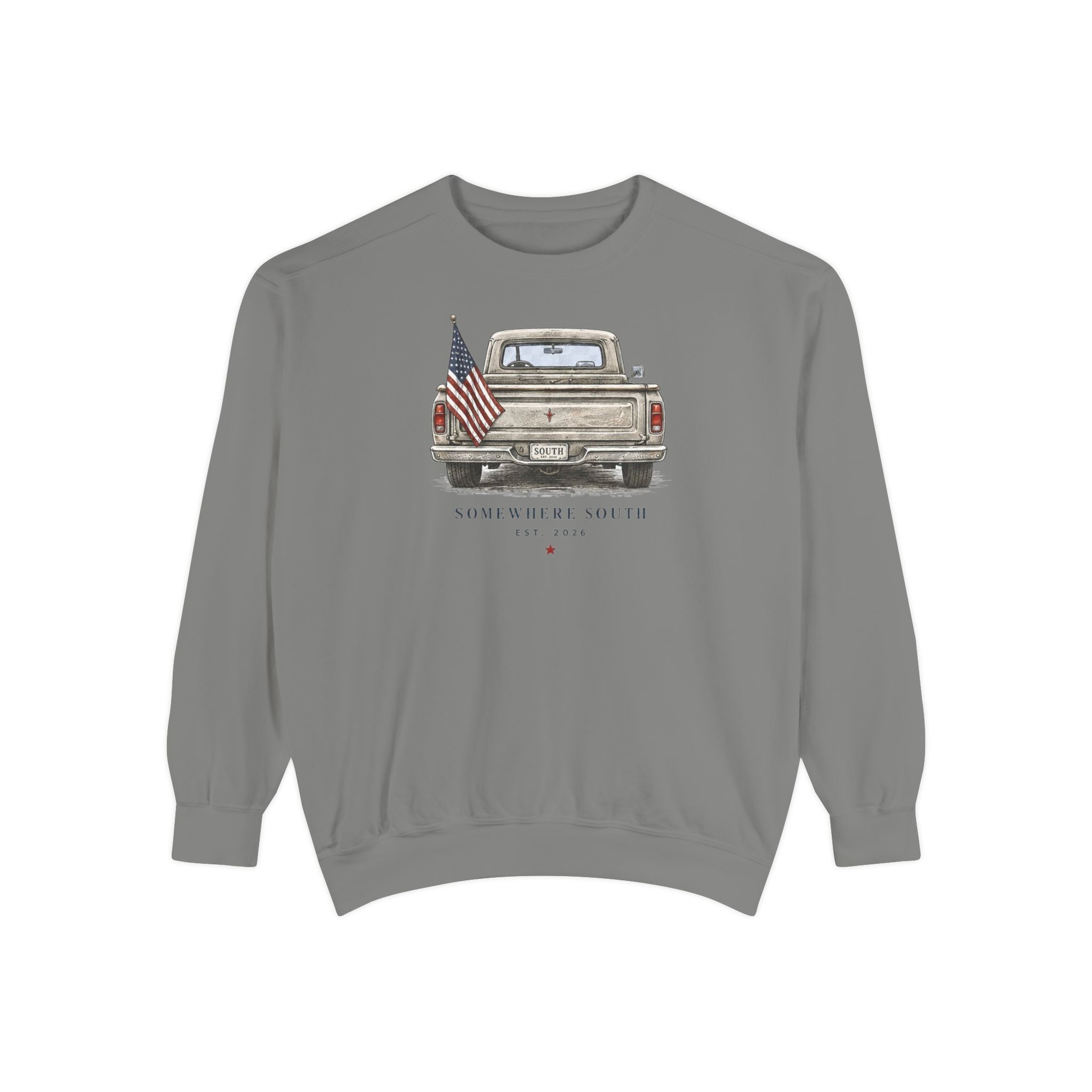 Vintage Pickup Truck Sweatshirt – 'Somewhere South' American Flag Crewneck