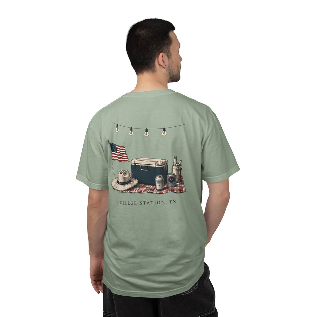 Patriotic Tailgate T-Shirt — "Good Times, Cold Drinks" College Station Graphic