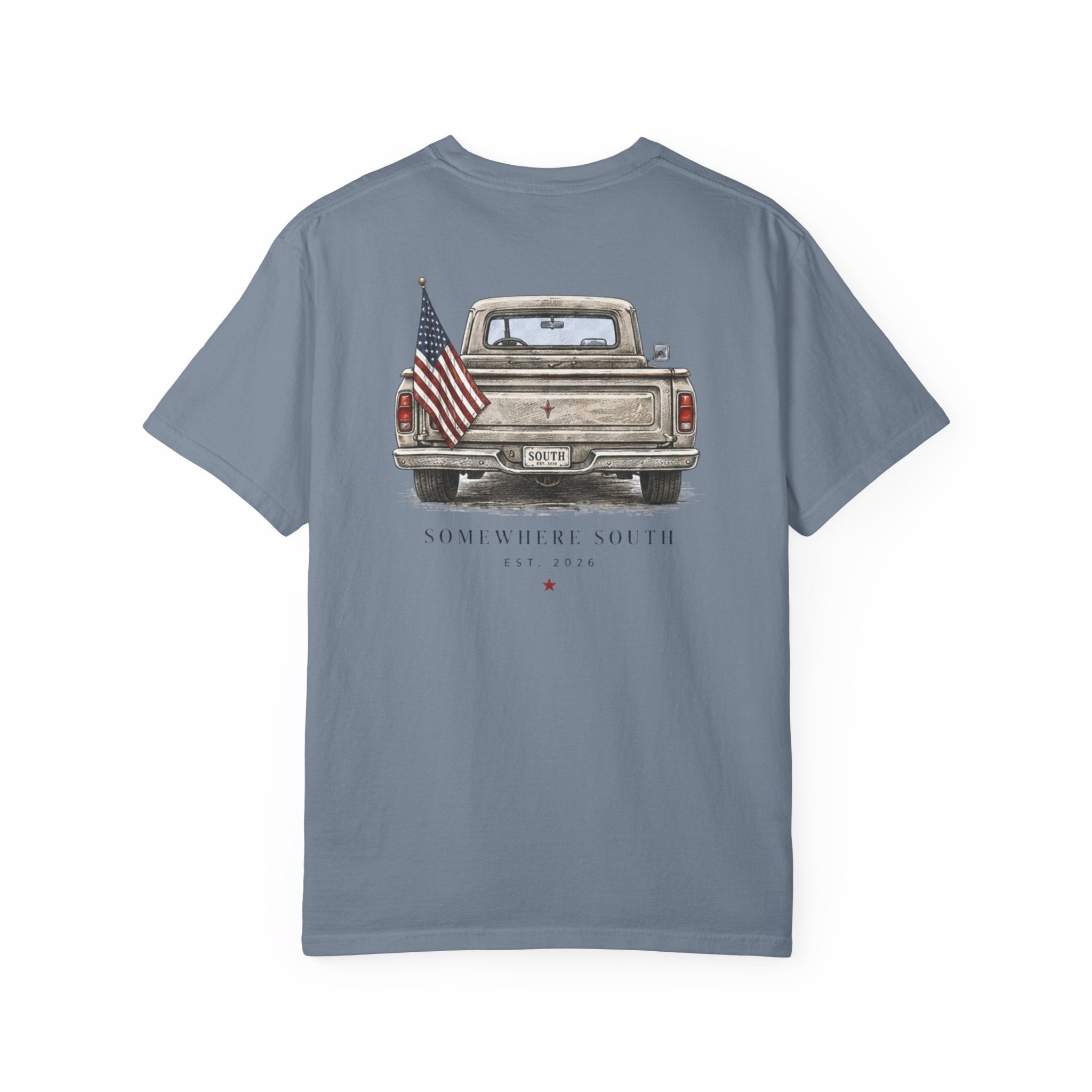 Somewhere South Truck T-Shirt — Vintage American Flag Pickup Tee
