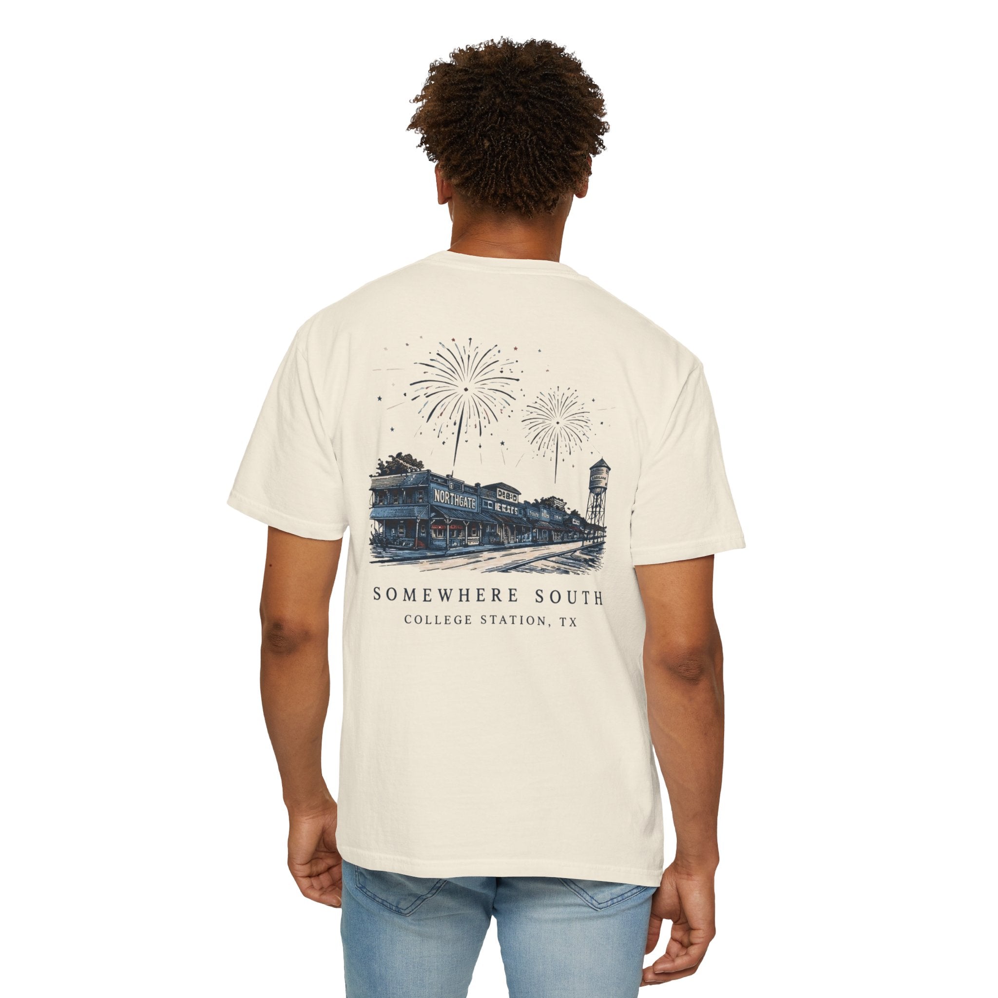 Somewhere South College Station T-Shirt — Scenic Fireworks Comfort Tee