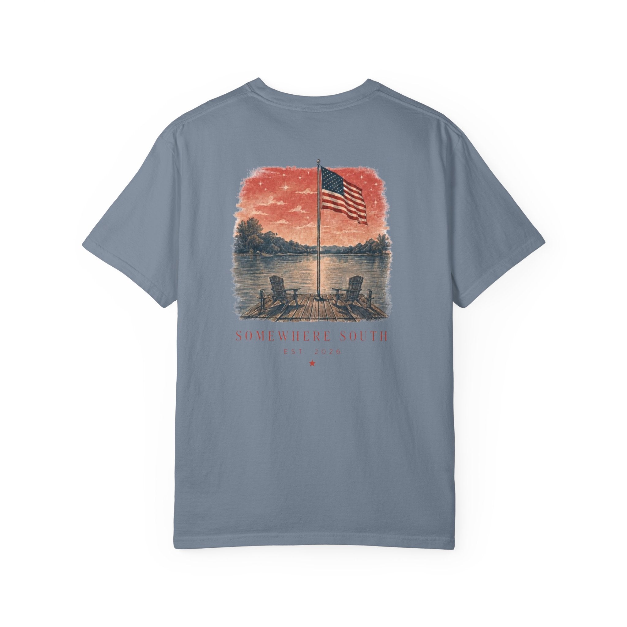 Somewhere South Lake Scene T‑Shirt — American Flag Sunset Graphic Tee