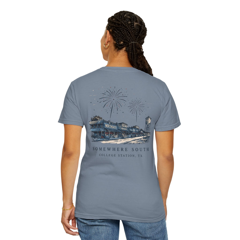 Somewhere South College Station T-Shirt — Scenic Fireworks Comfort Tee