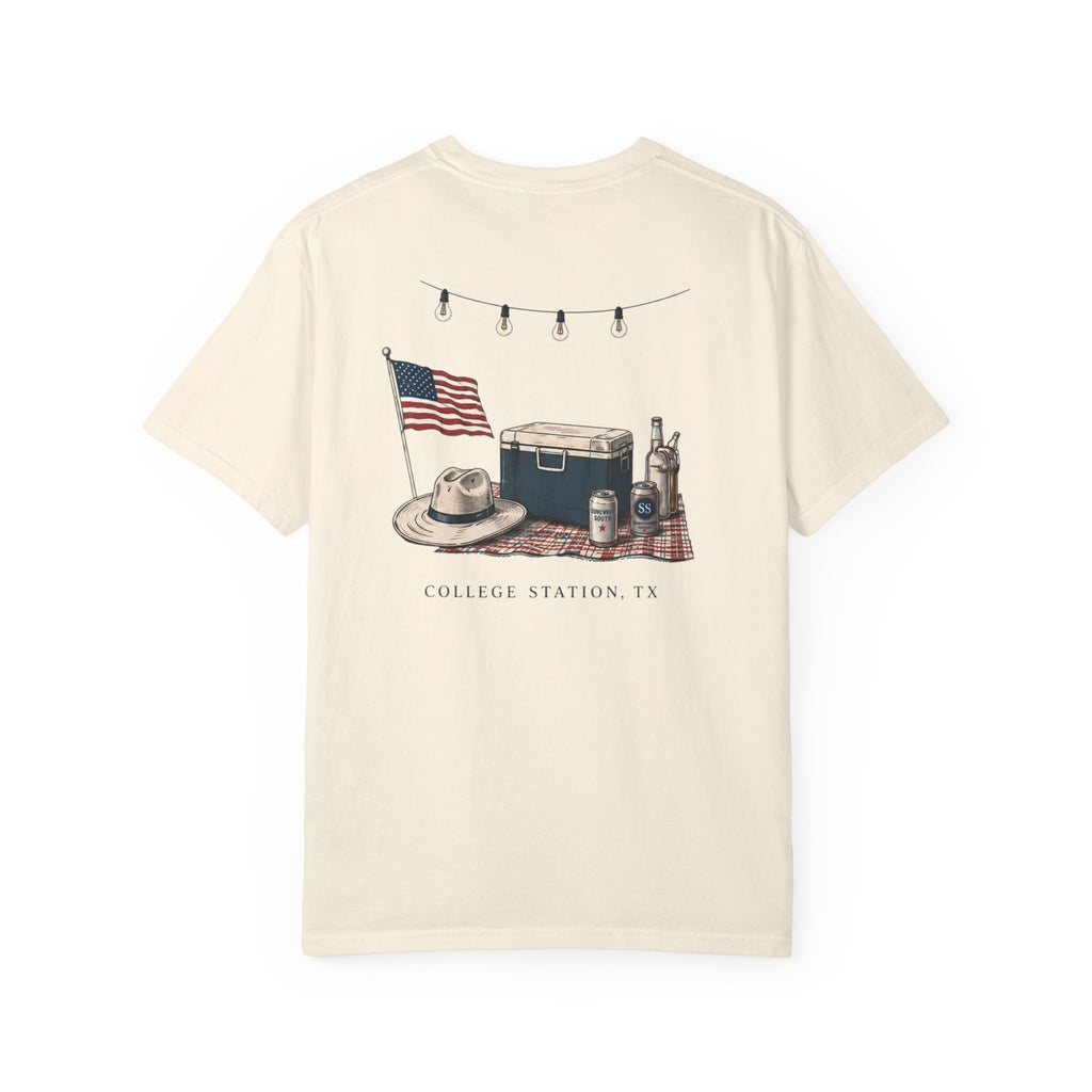 Patriotic Tailgate T-Shirt — "Good Times, Cold Drinks" College Station Graphic