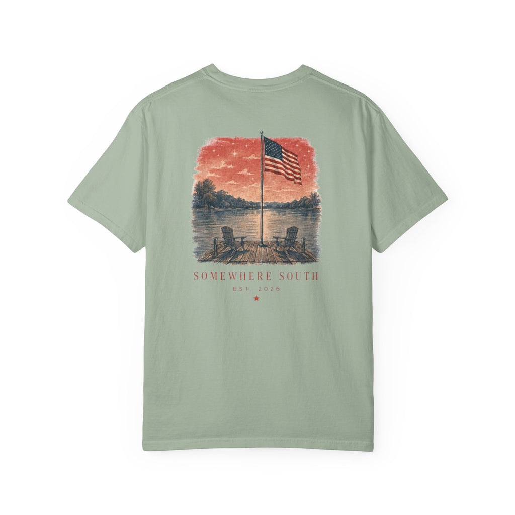 Somewhere South Lake Scene T‑Shirt — American Flag Sunset Graphic Tee