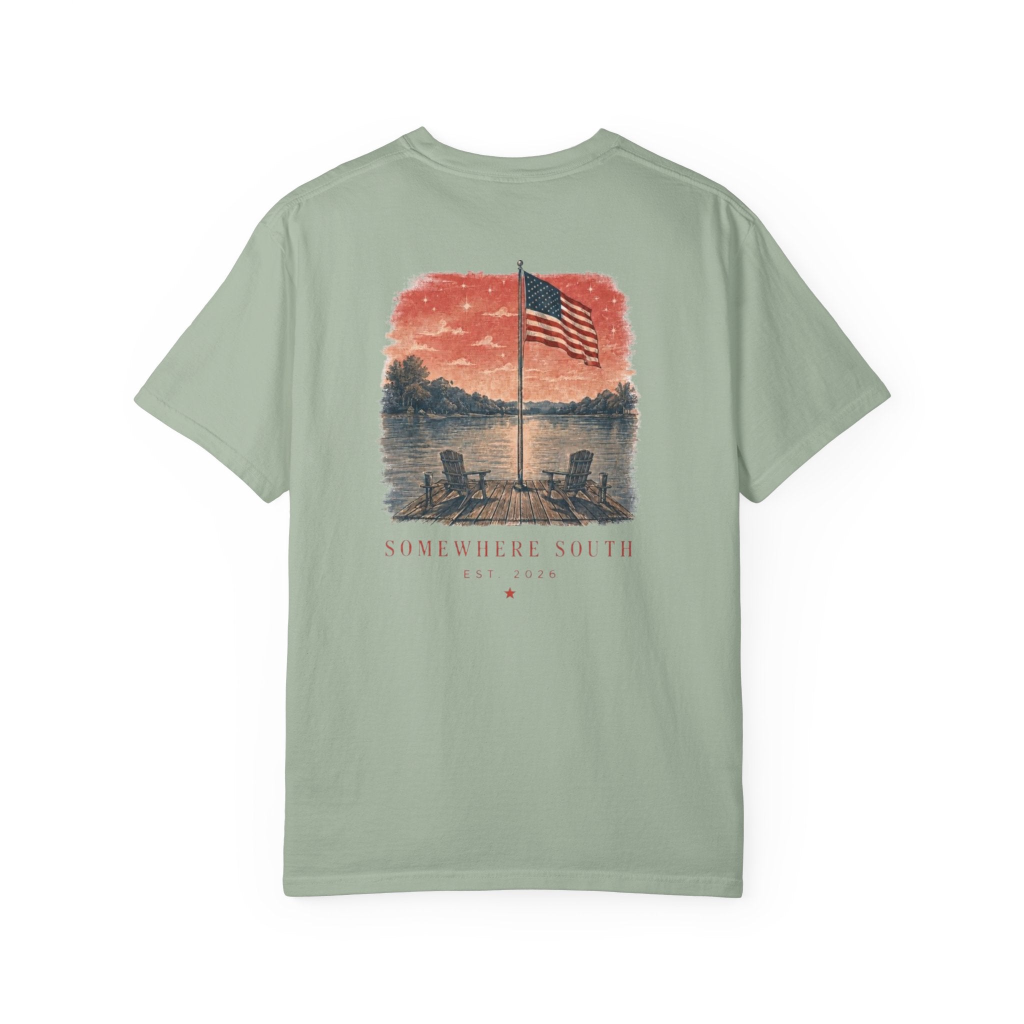 Somewhere South Lake Scene T‑Shirt — American Flag Sunset Graphic Tee