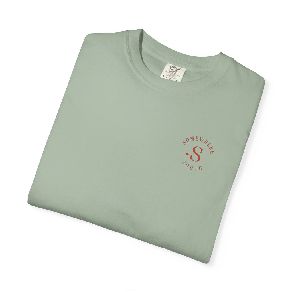 Somewhere South Lake Scene T‑Shirt — American Flag Sunset Graphic Tee