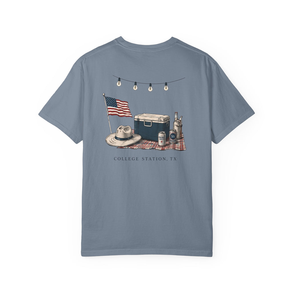 Patriotic Tailgate T-Shirt — "Good Times, Cold Drinks" College Station Graphic